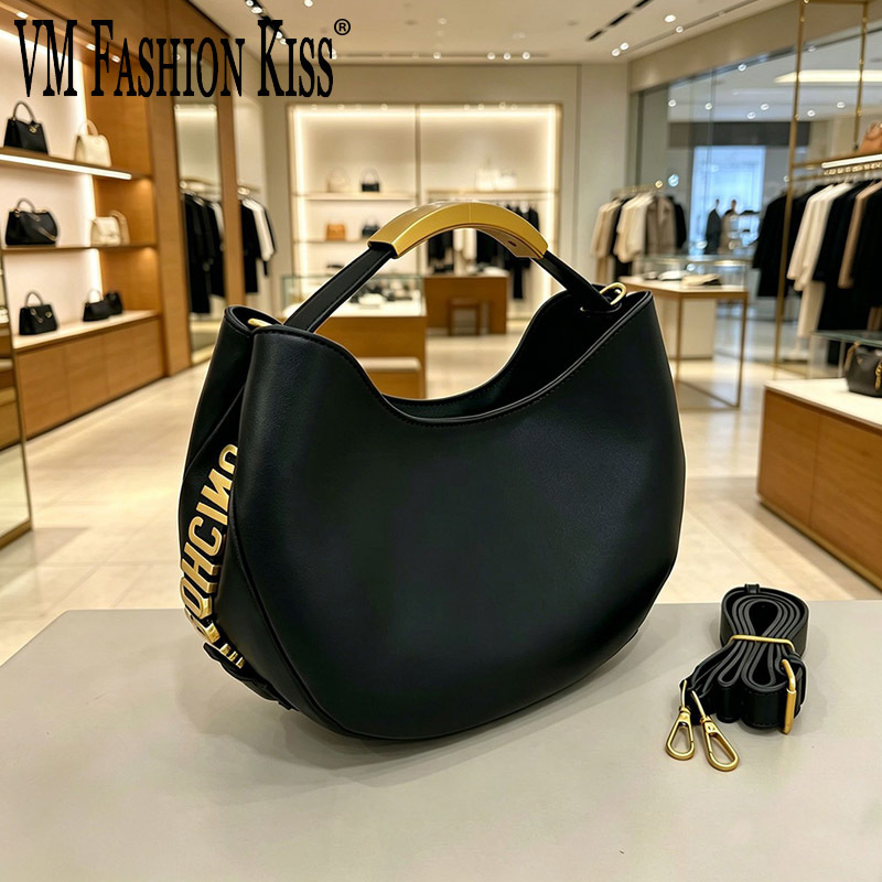 Luxury Tote Bags With Zipper - Halbkreisförmige Damen-Handtasche mit goldenem Schriftzug, Kordelzug